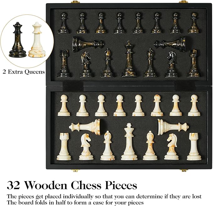 15" Large Chess Set for Adults- Weighted Acrylic Pieces Including Extra 2 Queens, 3.5" King w/Leather Base, Portable Folding Marbling Wooden Chess Board - Travel/Family Game & Elegant Gift