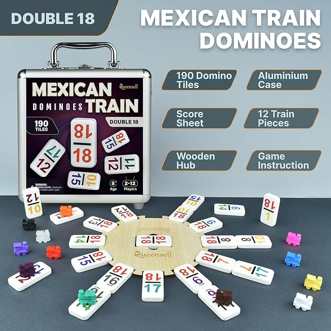 Queensell Mexican Train Dominoes Set with Numbers - Double 18 Dominos Set for Adults and Kids - Mexican Dominoes Train Game Night Games for Adults with Wooden Hub and Aluminum Case