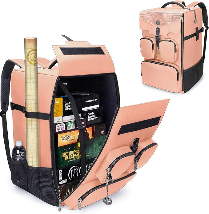 ENHANCE Collector's Edition Board Game Backpack - Reinforced Rigid Board Game Storage with Padded Shoulder Straps, Carrying Handle, and Accessories Pockets for Dice, Cards, More (Dragon Pink)