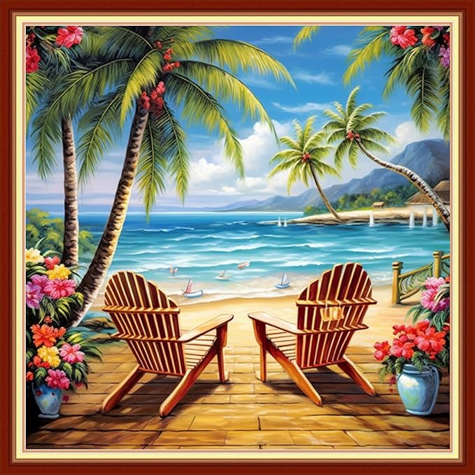 DMCVIVR Stamped Cross Stitch Kits for Adults Beginners Embroidery Kits 11CT Needlepoint Kits Cross Stitch Patterns Embroidery Patterns&Seaside Scenery 18x18 inch