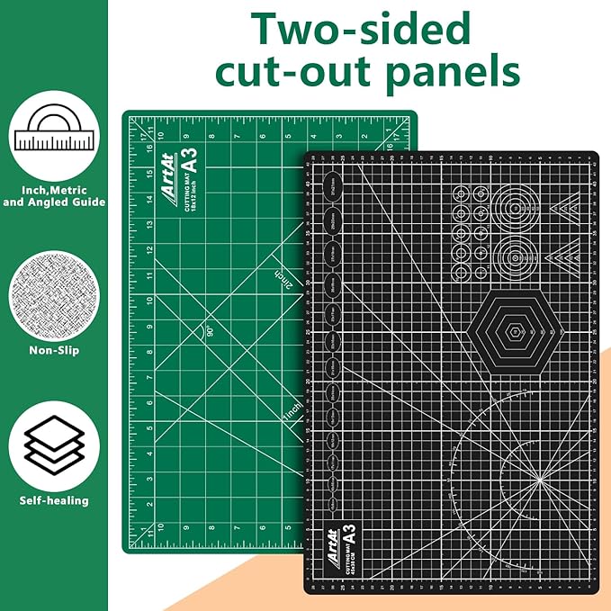 ArtAt Self Healing Cutting Mat: 12inch x 18inch Double Sided 5-Ply Fabric Cutting Mat for Sewing, Quilting & Arts & Crafts - Gridded Rotary Cutting Board Mat in Green/Black.