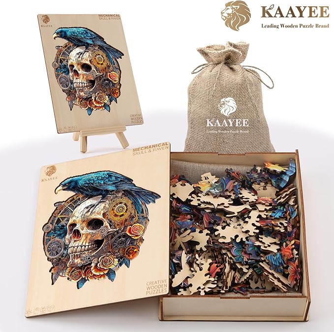 KAAYEE Wooden Puzzles for Adults, Raven & Mechanical Skull Wooden Jigsaw Puzzle 355 PCS Unique Shape Wood Puzzles Adult, 3D Visual Effect Flat Puzzle Birthday Gifts Family Games (XL-17.3 * 15.4in)