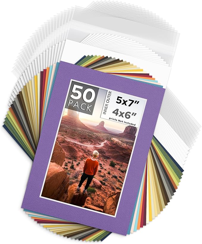 Mat Board Center, Pack of 50, 5x7 for 4x6 Mix Color Mat Kit - Acid Free, 4-ply Thickness, White Core - Includes Backing Boards and Clear Bags - for Pictures, Photos, Framing