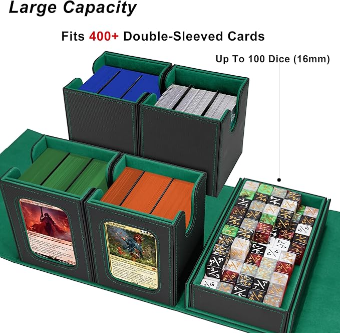 AFIING Commander Deck Box for MTG/EDH, Fits 400+ Double-Sleeved Cards, with Display Window, 4 Removable Deck Cases, Dividers, Dice Tray & Handle, Card Holders for TCG (Black Green)