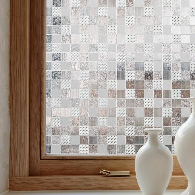Window Privacy Film Decorative for Front Door, Bathroom Static Cling Stained Glass Sticker Opaque Heat Control UV Blocking Non-Adhesive for Home Windows,Cube