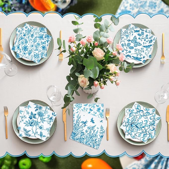 150 Pcs Blue Floral Cocktail Napkins 10 x 10 Inch 6 Styles Assorted Blue Flower Paper Disposable Napkins for Decoupage Home and Kitchen Bridal Baby Shower Tea Party Garden Party Birthday