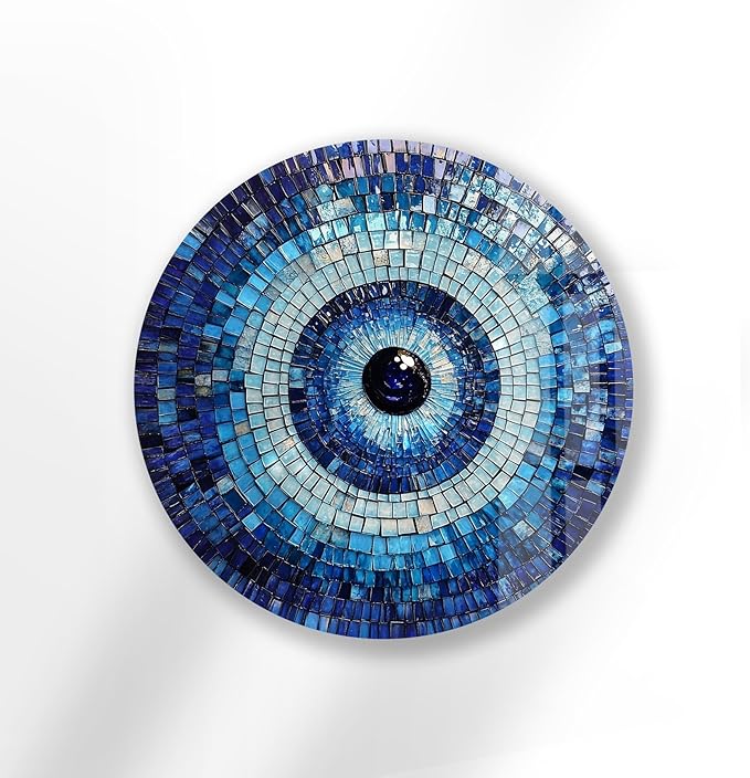 My Photostation.com 15.8''(40cm) Diameter Blue Mosaic Evil Eye Round Glass Wall Art Tempered Glass Printing Wall Decor Large Wall Art Wall Hangings