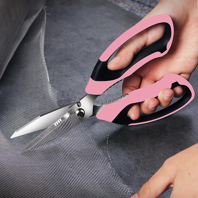 Heavy Duty Scissors Multipurpose - Sharp Utility Scissors All Purpose, Easy Cutting Carpet, Cardboard, Wires, Leather, Fabric（8'' Pink）