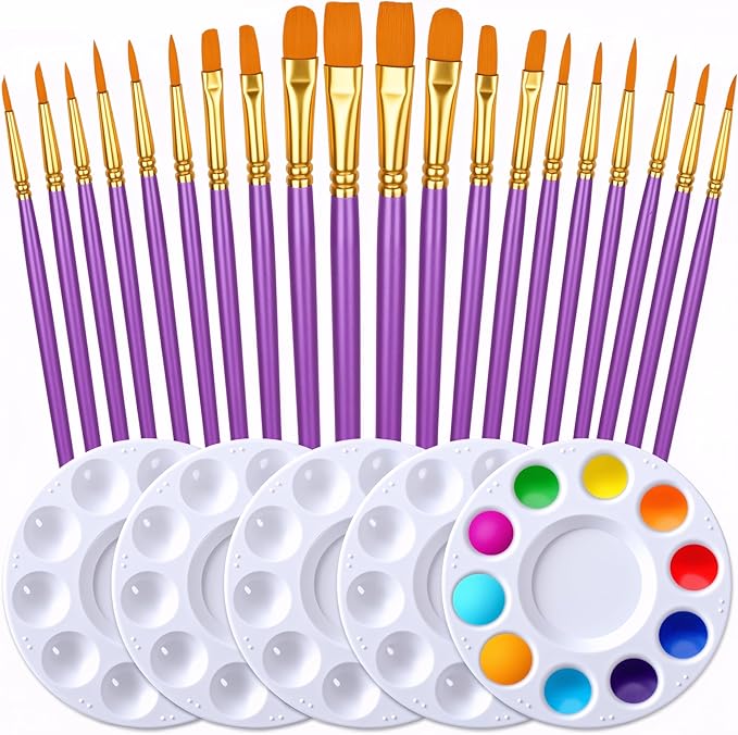 Halloween Paint Brushes Palettes Set by DUGATO, 2 Packs/20pcs Round Pointed Tip Nylon Hair Brushes with 5 Paint Trays for Acrylic Watercolor Oil Gouache Tempera and Body Painting (Purple)