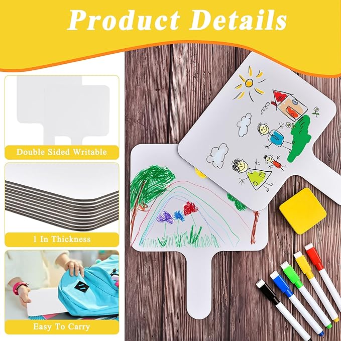 10 Pcs Dry Erase Answer Paddle, 10 x 8 Inch Auction Paddles with Markers and Erasers, Handheld White Board with Handle for Teaching Meeting Bidding Voting Games (Double Sided)