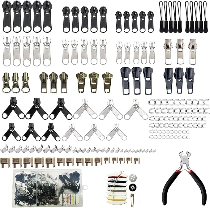 265pcs Zipper Repair Kit, Zipper Pull Replacement with Instant Pliers for Luggage, Coats, Jackets,Tents, Backpacks(All-in-One)