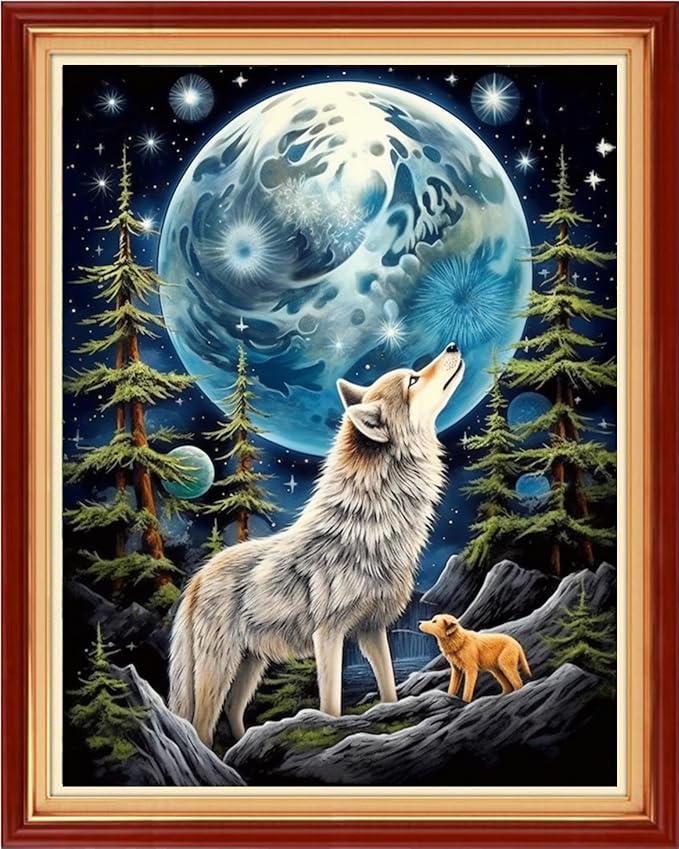 DMCVIVR Stamped Cross Stitch Kits for Adults Beginners Embroidery Kits 11CT Needlepoint Kits Cross Stitch Patterns Embroidery Patterns-Wolf Moon 16x20 inch