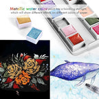Emooqi Watercolor Paints Set, Metallic Glitter Watercolour Solid Paint Include 12 Metallic Glitter Color 2 Water Brushes 2 Color Card Storage Bag, Ideal for Illustrations Painting.