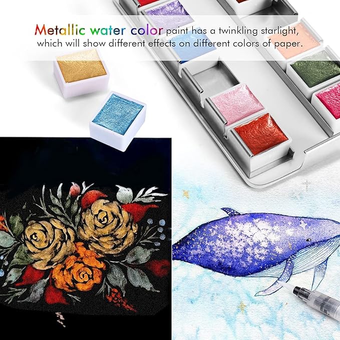 Emooqi Watercolor Paints Set, Metallic Glitter Watercolour Solid Paint Include 12 Metallic Glitter Color 2 Water Brushes 2 Color Card Storage Bag, Ideal for Illustrations Painting.