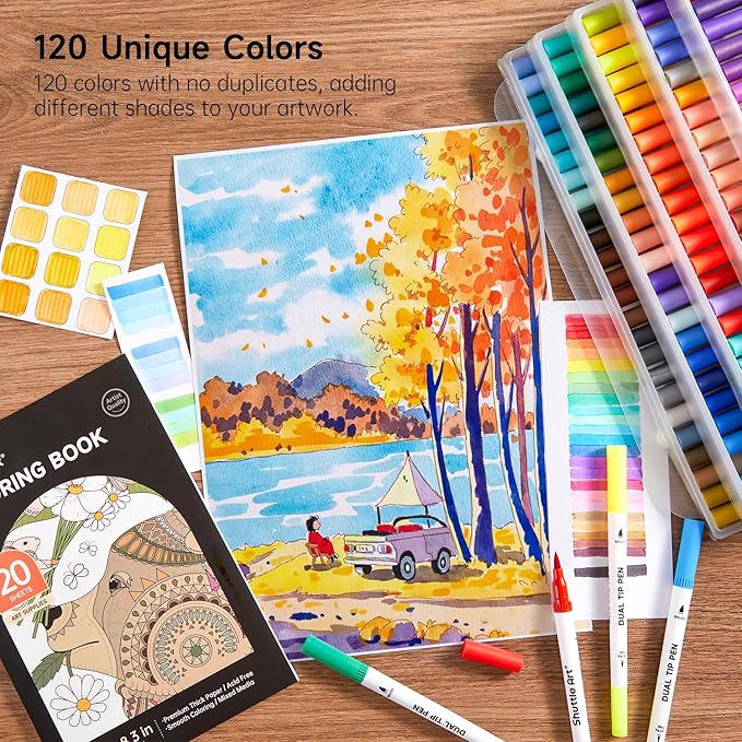 120 Colors Dual Tip Brush Marker Pens with 1 Coloring Book, Fineliner and Brush Dual Tip Markers Set, Water-based Ink Perfect for Kids Adult Artist Calligraphy Hand Lettering Journal Doodling Writing