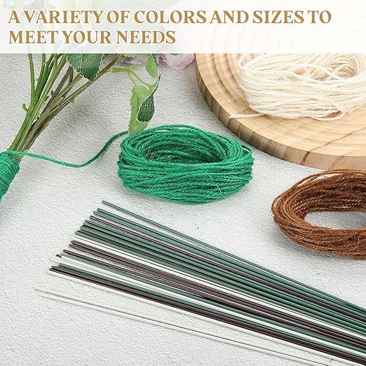 uxcell 100Pcs 2 Gauge Floral Wire, 11.81" Length Flower Stem Wires with 0.08" x 32.8ft Twine for Wreath Making, Flower Arrangement, Yellow