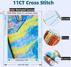 Joyhoor Stamped Cross Stitch Kits for Beginners, Needlepoint Kits for Adults, 11CT Counted Embroidery Kits-Cat Flowers 18x18 inchs