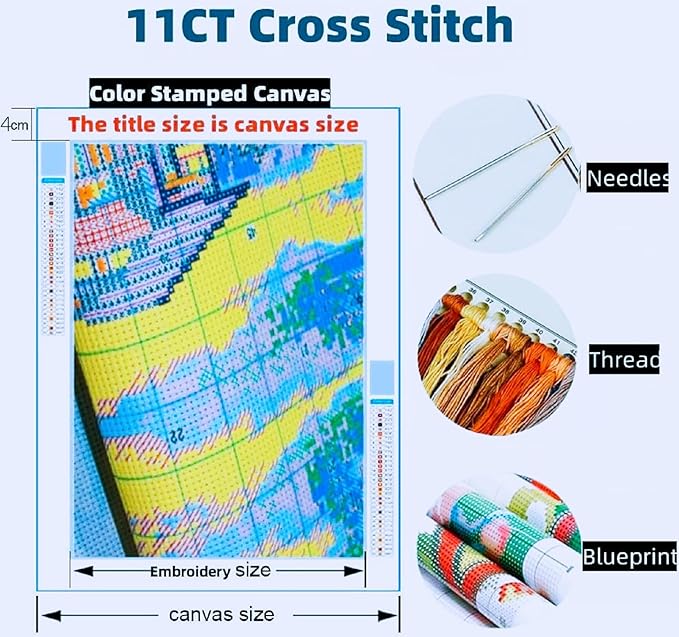 Joyhoor Stamped Cross Stitch Kits for Beginners, Needlepoint Kits for Adults, 11CT Counted Embroidery Kits-Cat Flowers 18x18 inchs