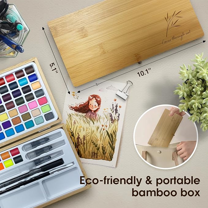 Watercolor Paint Set,100 Colors in Nature Bamboo Box,Portable Water Colors Kit with Papers and Brush Pens,Great for Kids Adults Beginners & Professionals（bamboo）