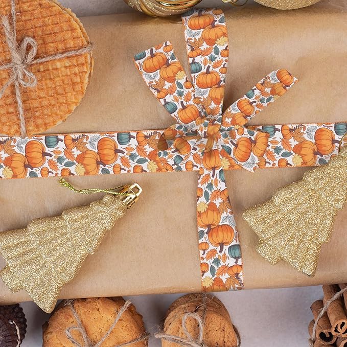 2 Rolls Fall Pumpkin Craft Ribbons for Wreath Bows, 2.5"×10 Yards Thanksgiving Wired Edge Ribbon Orange Burlap Autumn Leaves Wired Ribbons for Crafting Sewing Supplies