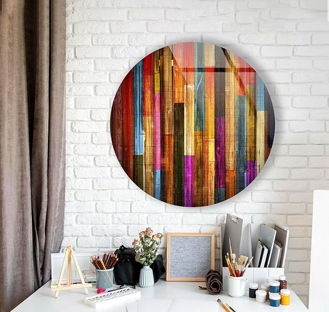 My Photostation.com 39,4''(100cm) Diameter Colorful Wood Pattern Round Glass Wall Art Tempered Glass Printing Wall Decor Large Wall Art Wall Hangings