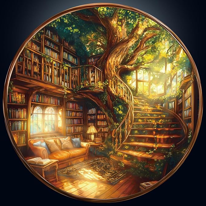 Round Puzzles for Adults 1000 Pieces, Hard Difficult Challenging Puzzles for Adults, Charming Bookstore Jigsaw Puzzles 1000 Pieces for Seniors, 3D Visual Flat Puzzle (26.6 x 26.6in)