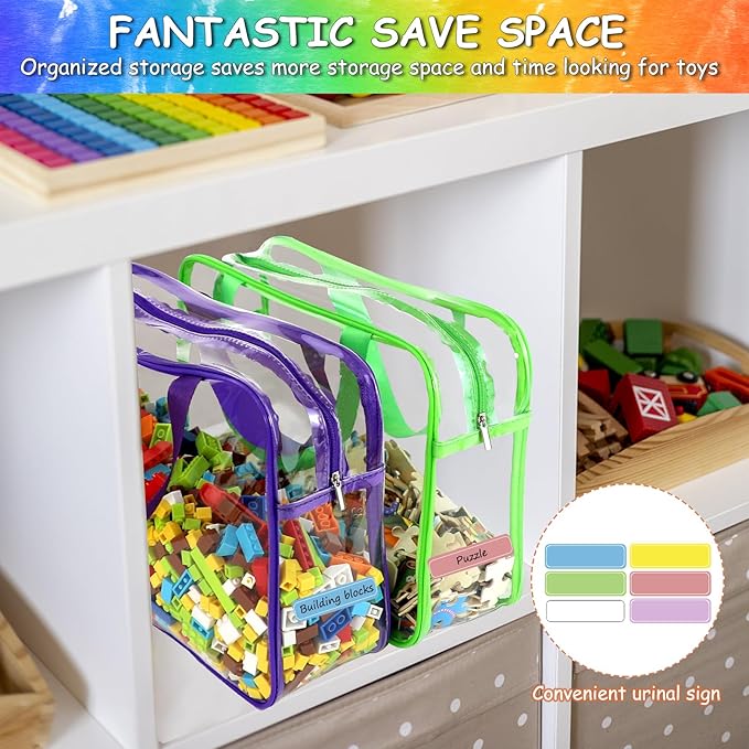 OPELETNNT 6 Color Large Toy Storage Bags with Labels, Reusable Clear PVC Board Game Storage, Travel Waterproof Organizer Bags with Zipper for Building Blocks, Puzzle, Kids Books