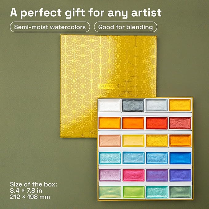 ARTISTRO Professional Metallic Watercolor Paint Set for Adults - 24 Pigment-Rich Colors, XL Pans, ASTM-I Lightfastness, High Tinting Strength Watercolor Set for Professionals made by professionals