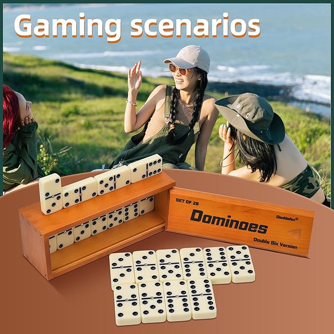 Dominos Set for Adults, Jumbo Size Double 6 Dominoes Set, Classic Board Game for Adults and Elderly, Double Six Thick Size Domino with Spinner 28 Tiles in Exclusive Brown Wooden Box.