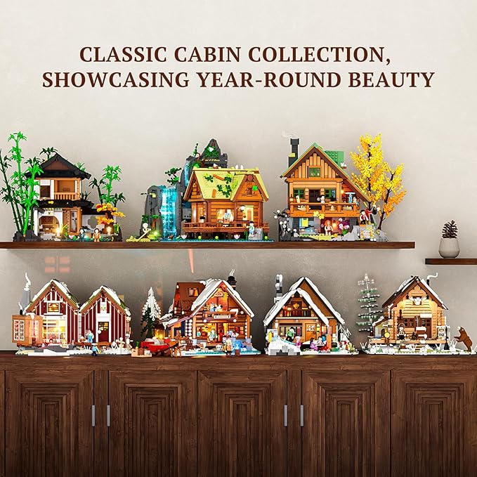 Aurora-Cabin Christmas Lighting-Building-Bricks Set - 2425 Pcs Retro House Winter Lodge LED Light Construction Building Christmas Village Model Set for Adults and Families