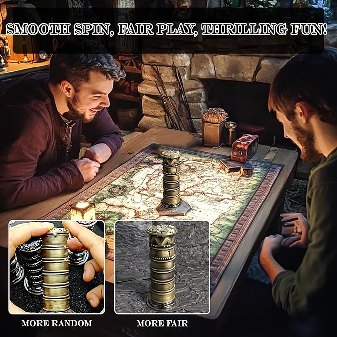 DND Dice Spinner Tower Set - Unique D4 D6 D8 D10 D10% D12 D20 All in One D&D Metal Dice - Cool Role Playing Gifts for Dungeons and Dragons TRPG MTG Games Lover Player (Tower-Ancient Bronze)