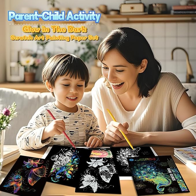 Scratch Paper Art for Adults-Glow in The Dark Scratch Painting Craft Kit (8 Sheets A4)|Foil Engraving Art Set|Stress Relief Gift for Craft Lovers|Creative Scratch Art Home Decor(Butterfly&Peacock)‌