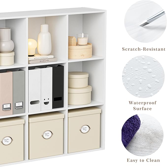 Wooden Storage Organizer with Closed Back Panel, 11in Cube Shelf Opening, Bookshelf, Display Shelf,Closet Cabinet for Home and Office (Embossed White, 9-Cube 35.98L*9.45W*35.91H)
