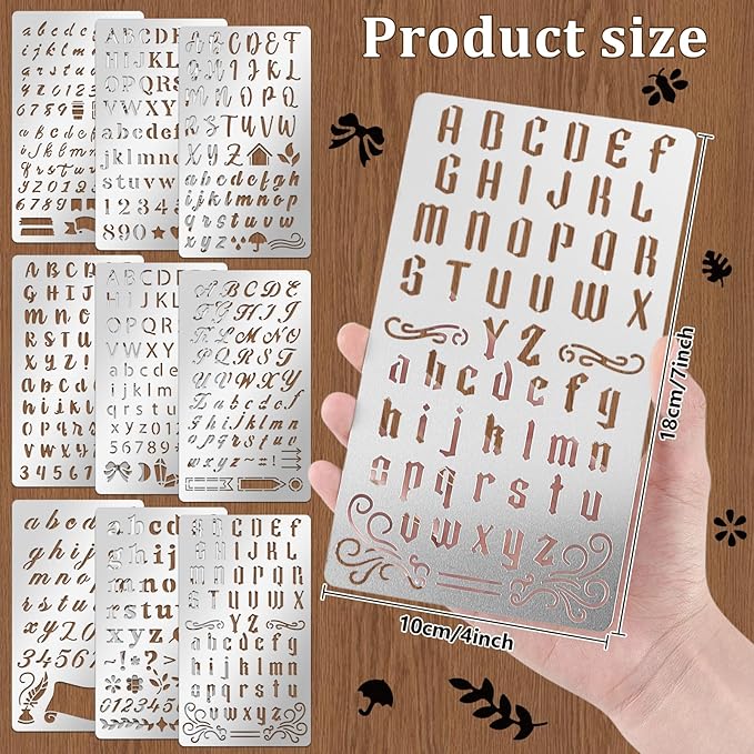 9PCS Metal Stencils Wood Burning Stencil Metal Letter Stencil Alphabet and Number Stencils for Journaling Engraving Templates for Wood Carving Drawing Scrapbooking Journal Craft DIY