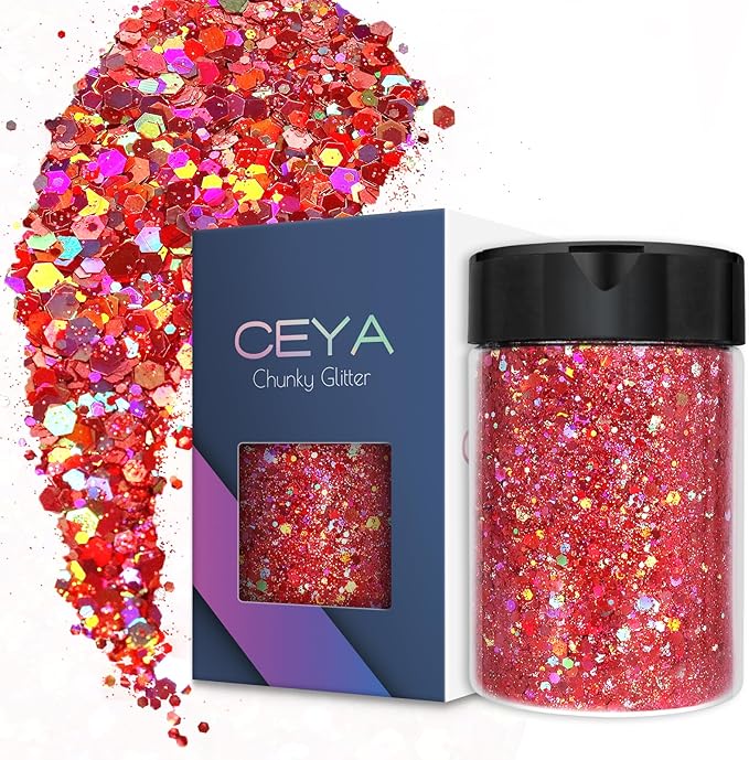 Ceya Holographic Chunky Glitter 4.9oz/ 140g Rose Pink Craft Glitter Powder Mixed Chunky Fine Flakes Iridescent Nail Sequins Fe for Nail Art, Hair, Epoxy Resin, Tumblers, Slime, Painting,Festival Decor