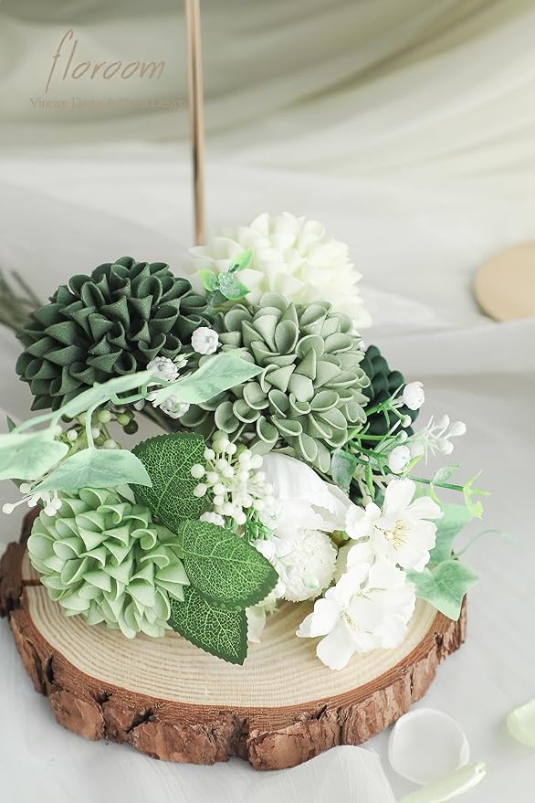 Floroom Artificial Dahlia Flowers 25pcs Real Looking Forest Green Shades Foam Fake Roses with Stems for DIY Wedding Bouquets Bridal Shower Centerpieces Sage Green Floral Arrangements Tables Decoration