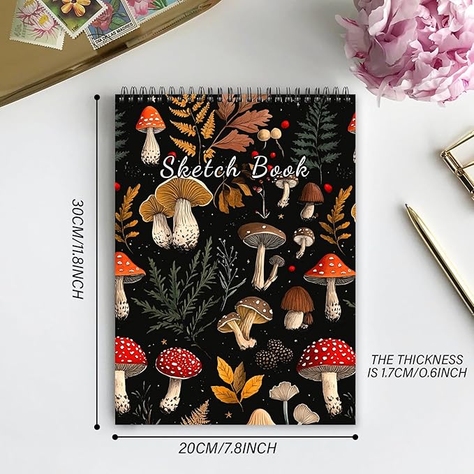Deokke Sketchbook Top Spiral Bound Sketch Pad, 9 x 12 inch,100GSM Thick Paper,50 Sheets 100 Pages,Art Sketch Book Aesthetic Cute Drawing Writing Paper for Girls Women-Red Mushroom