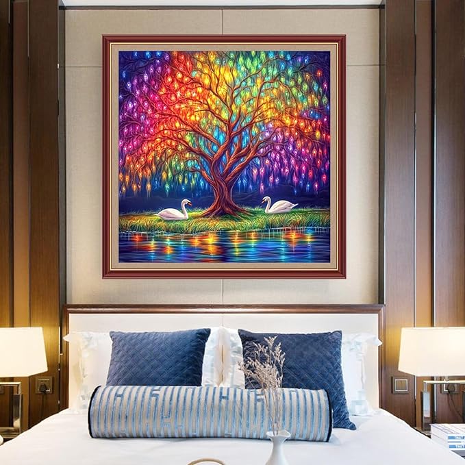 DMCXART Counted Cross Stitch Kits for Adults Needlepoint Kits Unprinted Cross Stitching Embroidery Kit 11CT Cross Stitch Supplies-Tree of Life Swan 18x18 inch