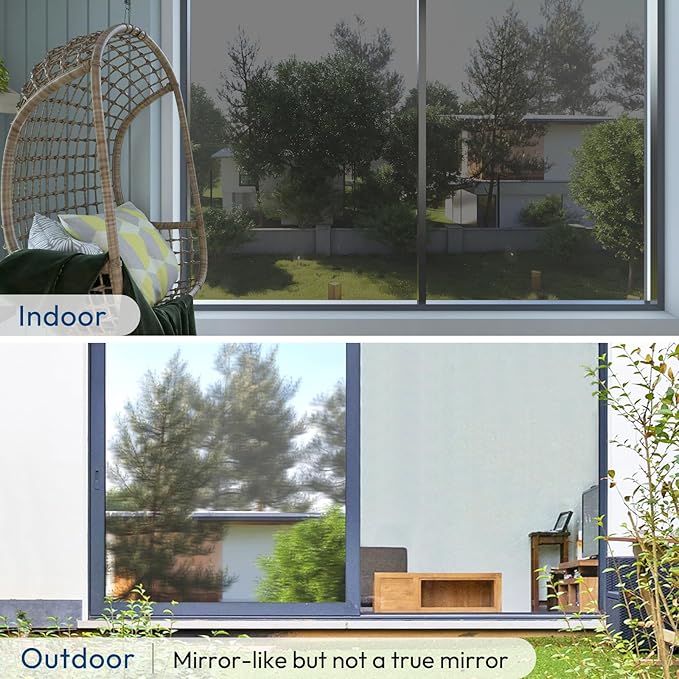 rabbitgoo Window Privacy Film One Way Window Tint for Home, Removable Reflective Heat Sun Blocking Anti UV Glass Door Covering, Mirror Tinting Film House Office, 35.4 in X 9.8 Feet, Black Silver