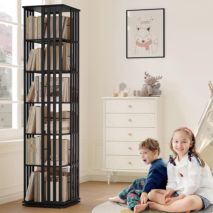 YOWOS Rotating Bookshelf Tower, 360 Display Spinning Bookcase, Bamboo Bookshelf Floor Standing Storage Rack, Wood Narrow Book Shelf Organizer for Kids&Adults (Black, 6 Tier)