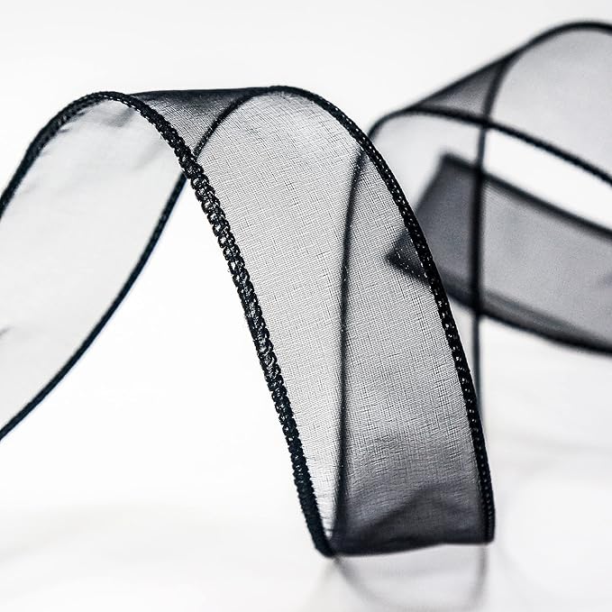 CT CRAFT LLC Sheer Organza Wired Ribbon 1.5" x 50Yards Black for Wedding Chair Bow Flora Bouquet Gift Wrapping Christmas Tree Home Decor Wreath