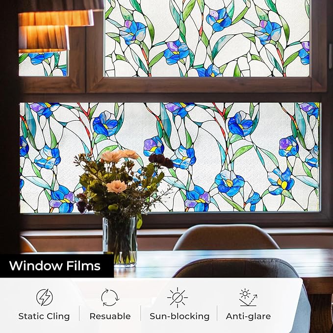 3D Stained Glass Window Film, Decorative Window Privacy Film for Bathroom,Front Door,Home, Sun Blocking Heat Control,Static Cling, Blue Eustoma 23.6inch x 35.4inch