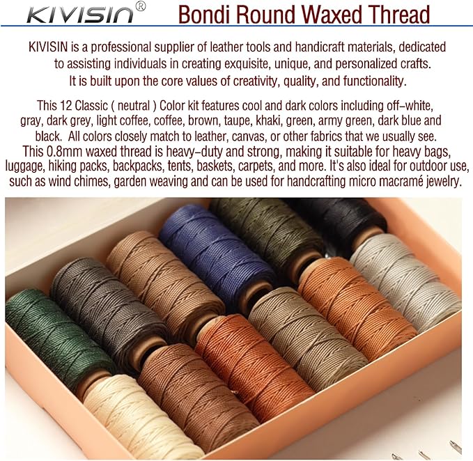 12 Classic Colors Round Waxed Thread, 0.8mm 35Yards Spool Polyester Wax Coated Cord Heavy Duty String for Leather Sewing, Stitching, Bookbinding, Upholstery Repairing and Micro Braiding