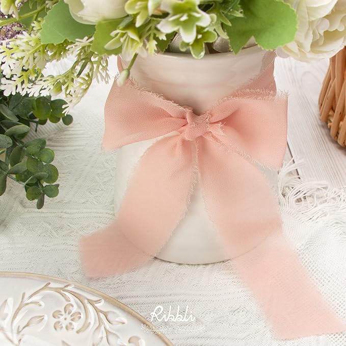 Ribbli Blush Pink Chiffon Ribbon 1-1/2 inch x 20 Yard Handmade Fringe Chiffon Silk Ribbon for Wedding Invitations, Bridal Bouquets Wrapping, Flower Arrangement Decoration