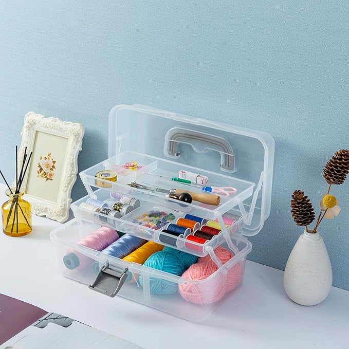 MyGift 13 Inch Transparent Plastic Empty Multipurpose Storage Box with Gray Handle, Latching Lid and 2 Expandable Trays for Tools, First Aid, Sewing Kit, Arts Crafts Supplies
