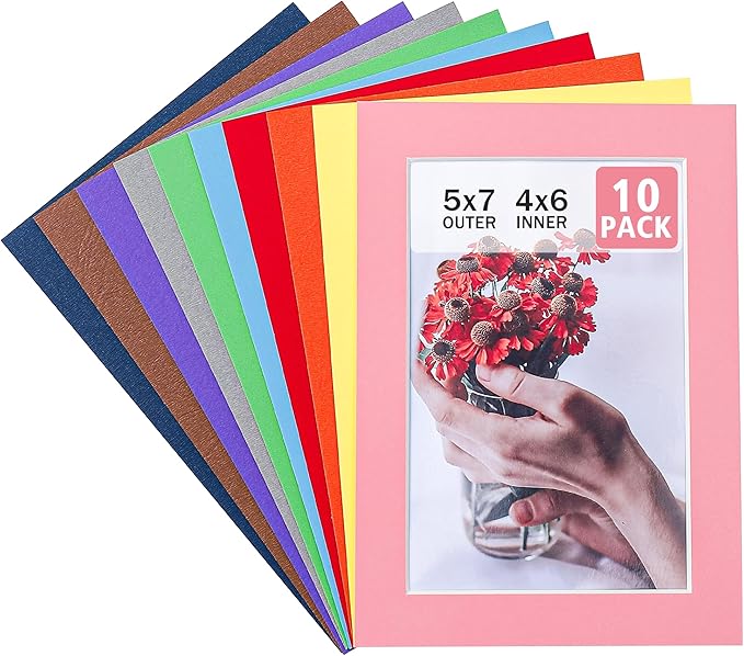 HOTUO 10 Pack 5x7 Mixed Colors Picture Mats, 4 Ply Thickness Frame Mattes for 4x6 Photo, Photo Mat with Core Bevel Cut, for Frames/Artwork/Print/Picture