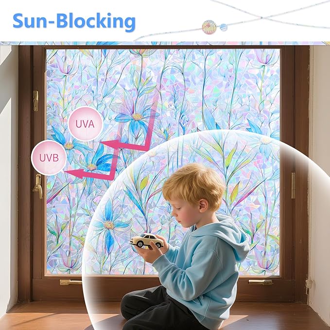 FINNEZ Window Privacy Film Stain Glass Film Flowers Rainbow Window Film Window Clings Non-Adhesive Reusable Decorative for Home（Blue Lotus，23.6 Inch x 6.5 Feet）