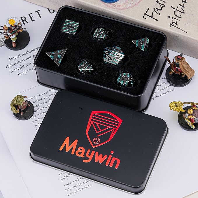 Metal Stripe Dice,Solid Metallic Glitter Stripes DND Dice with Gift Metal Box for Dungeons and Dragons Tabletop Game (Black Nickel Dark Green)
