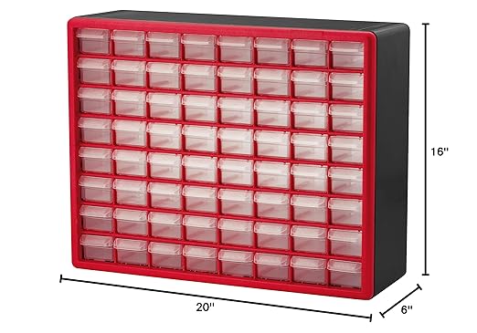 Akro-Mils 64-Drawer Plastic Drawer Storage Cabinet for Garage Organization, Bead Organizer, Building Bricks Storage, Teacher Toolbox, Makeup Organizer, 20-Inch W x 6-Inch D x 16-Inch H, 10164 Red