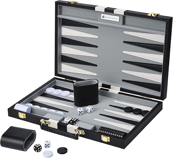 Get The Games Out Top Backgammon Set - Classic Board Game Case - 2 Players - Best Strategy & Tip Guide - Available in Small, Medium and Large Sizes (Black, Medium)